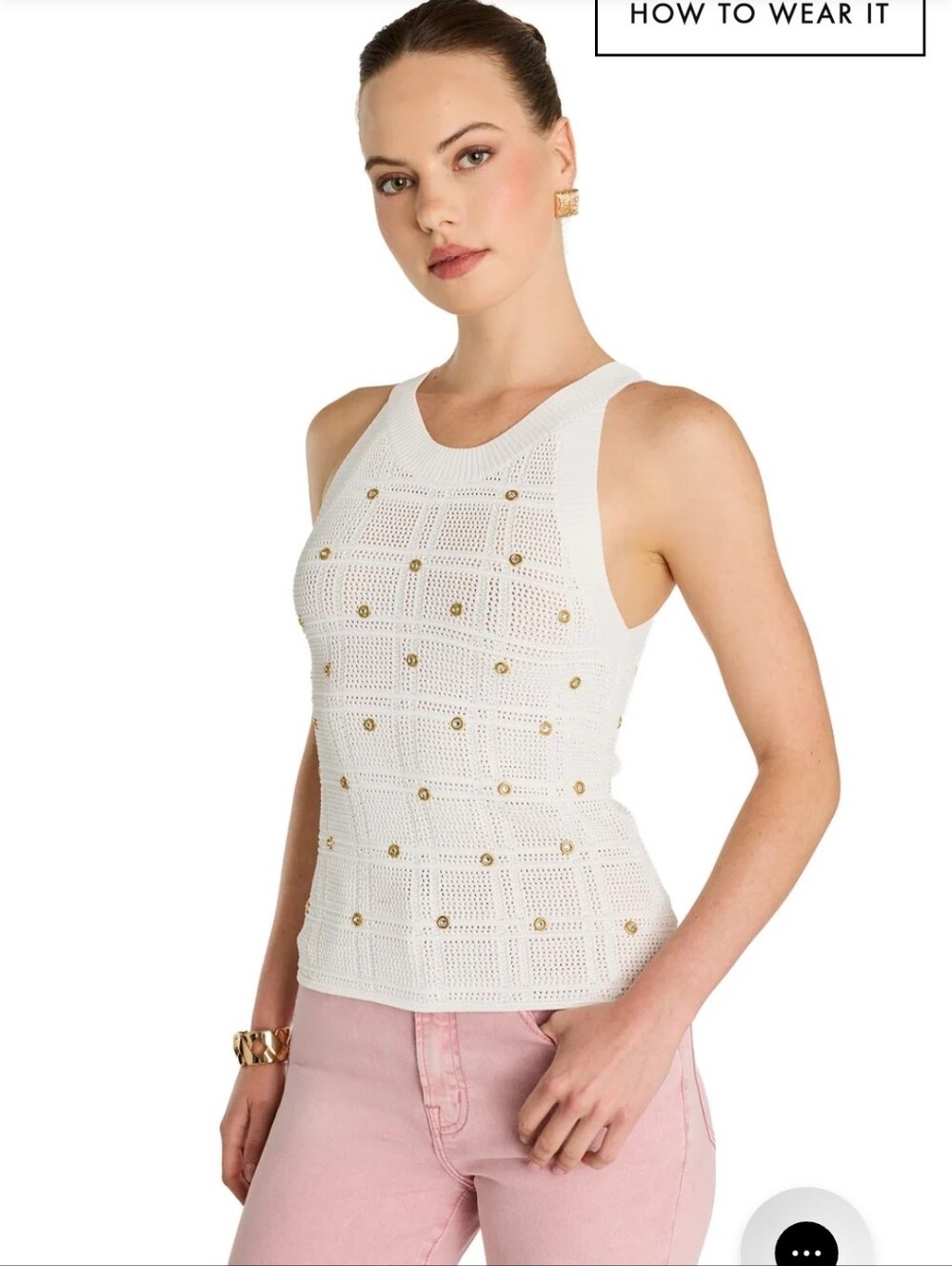 The Noli Shop White Crochet Tank with Gold Stud Accents